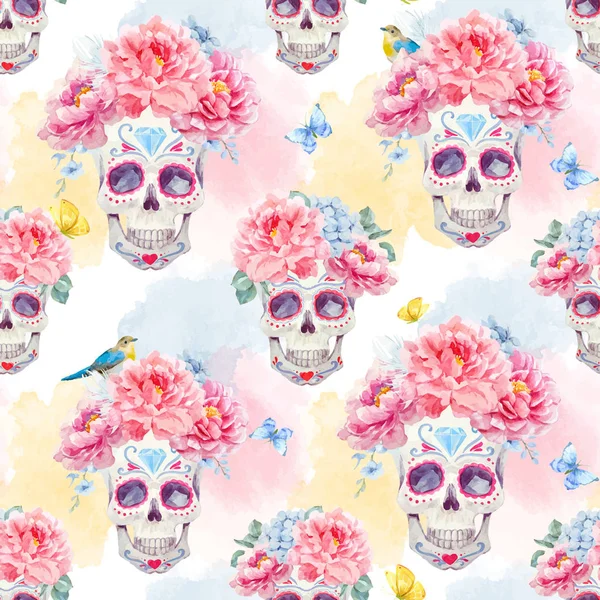 Watercolor skull seamless vector pattern — Stock Vector