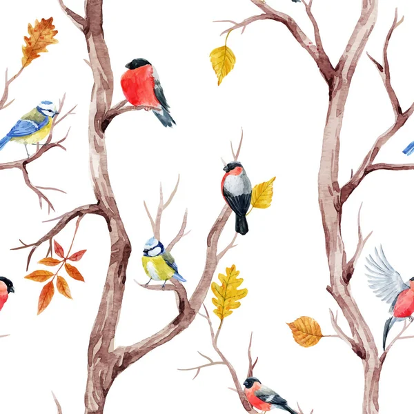 Fall bomen en vogels vector patroon — Stockvector