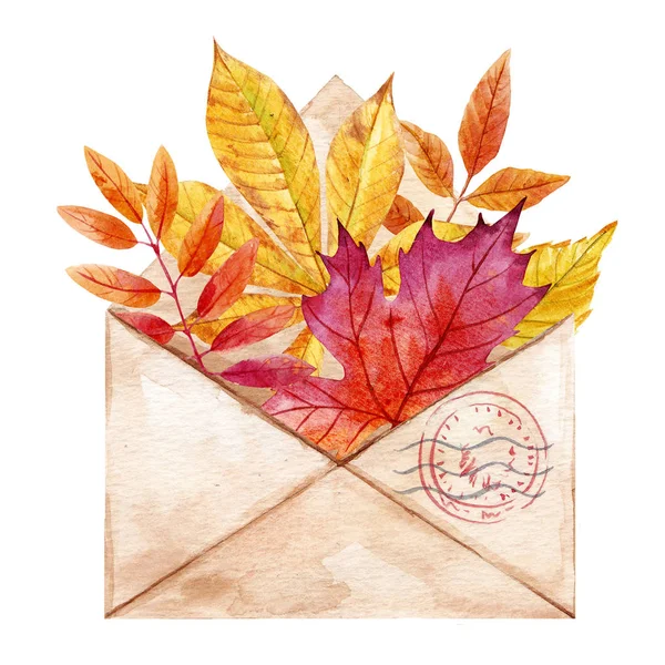 Enveloppe aquarelle avec feuilles — Photo