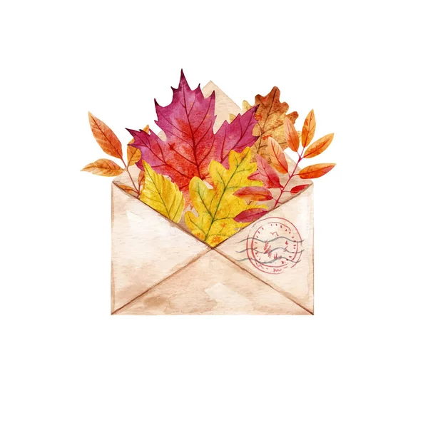 Watercolor vector envelop with leaves — Stock Vector