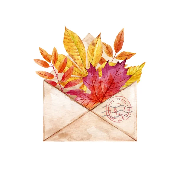 Enveloppe vectorielle aquarelle avec feuilles — Image vectorielle