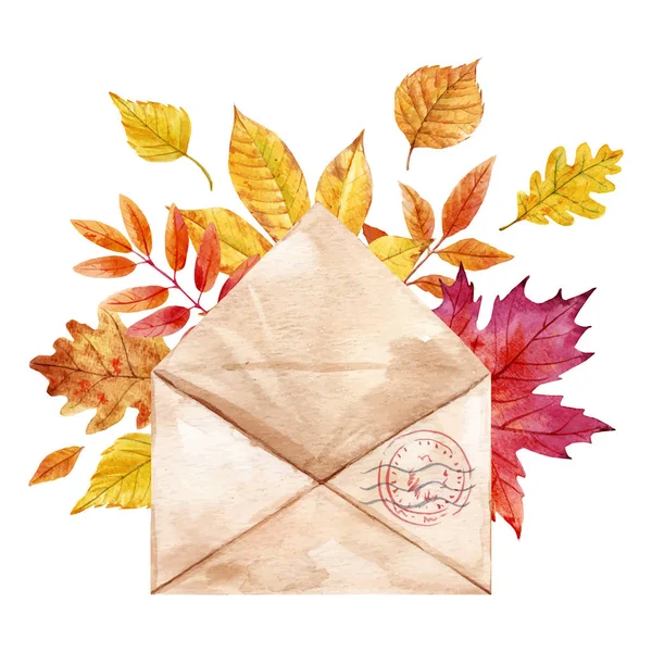 Enveloppe vectorielle aquarelle avec feuilles — Image vectorielle