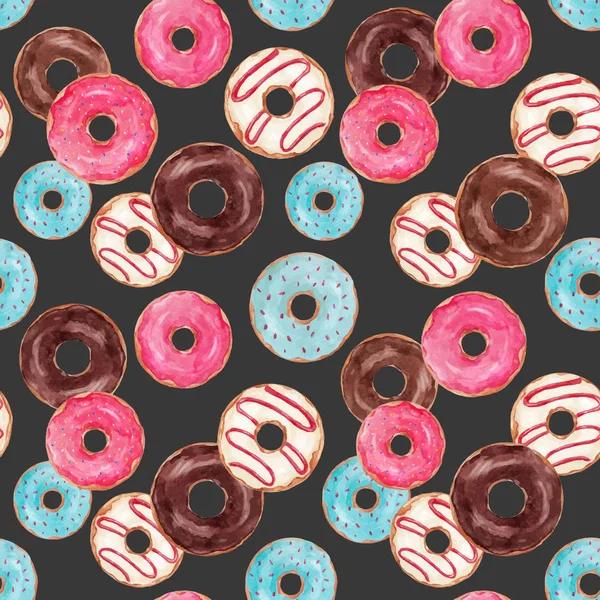 Aquarel lekkere donuts vector patroon — Stockvector