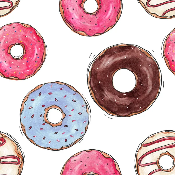맛 있는 도넛 수채화 패턴 — 스톡 사진