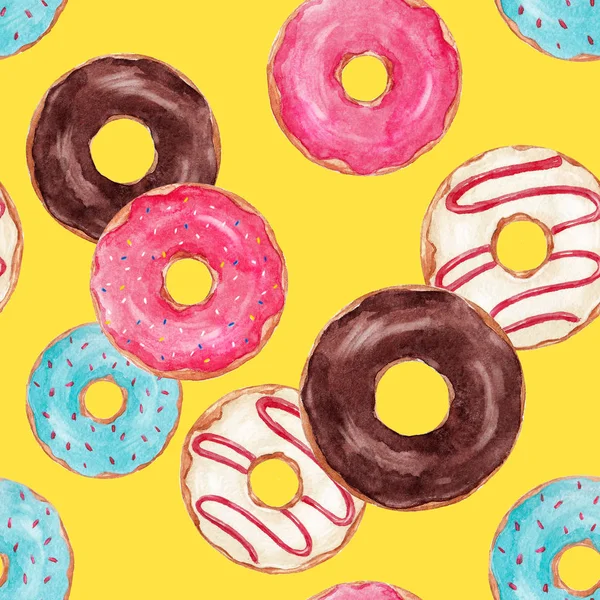 맛 있는 도넛 수채화 패턴 — 스톡 사진