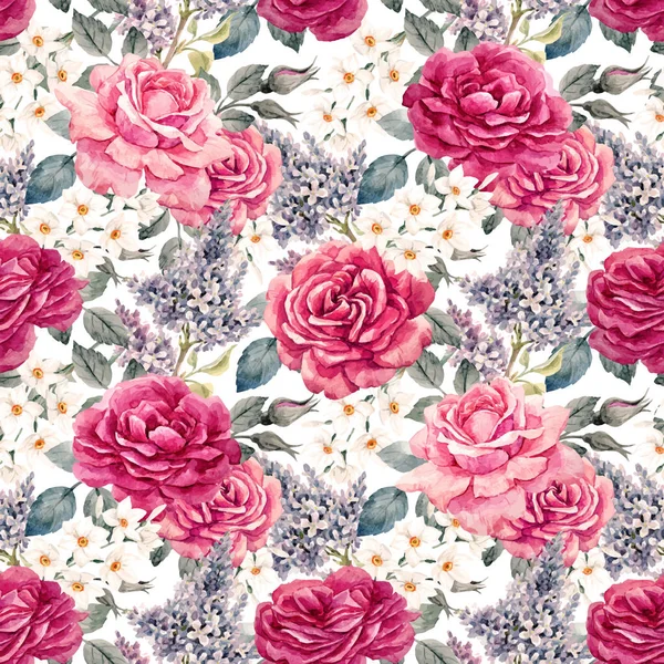 水彩のバラのシームレスなベクトル パターン — ストックベクタ