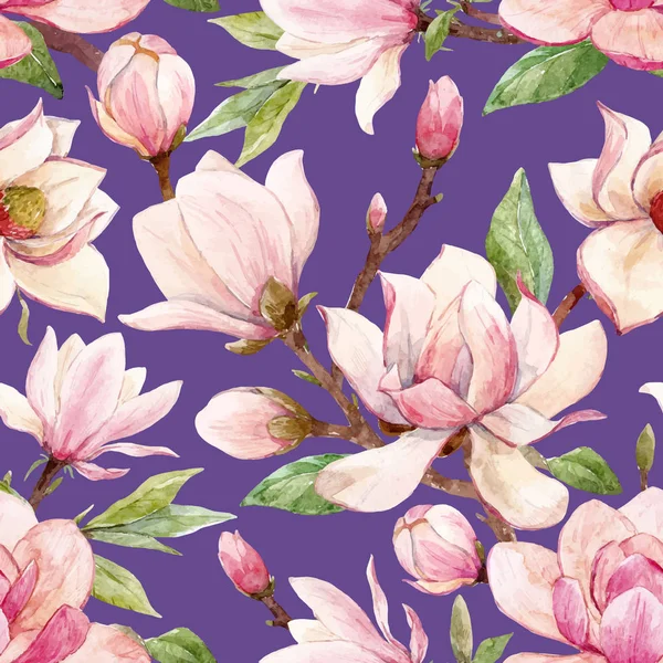Akvarell magnolia blommor vektor mönster — Stock vektor
