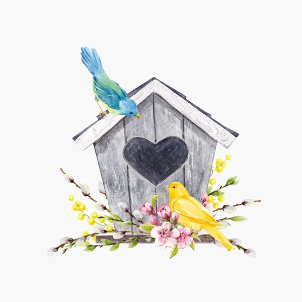 Aquarel vector vogelhuisje met vogels — Stockvector