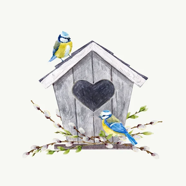 Birdhouse akwarela wektor z ptakami — Wektor stockowy