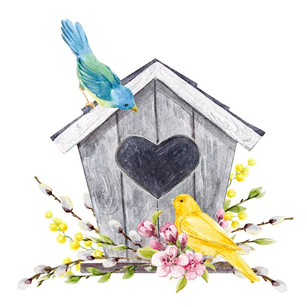 Birdhouse akwarela z ptakami — Zdjęcie stockowe