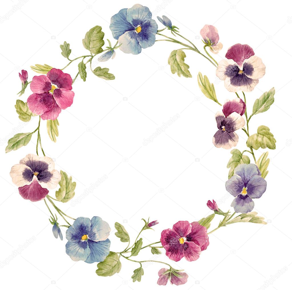 Watercolor pansy flower wreath
