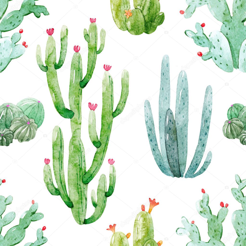 Watercolor cactus vector pattern