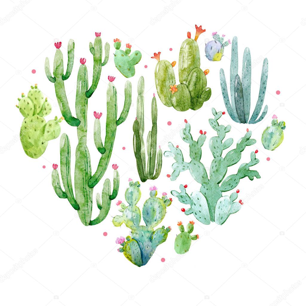 Watercolor cactus heart composition