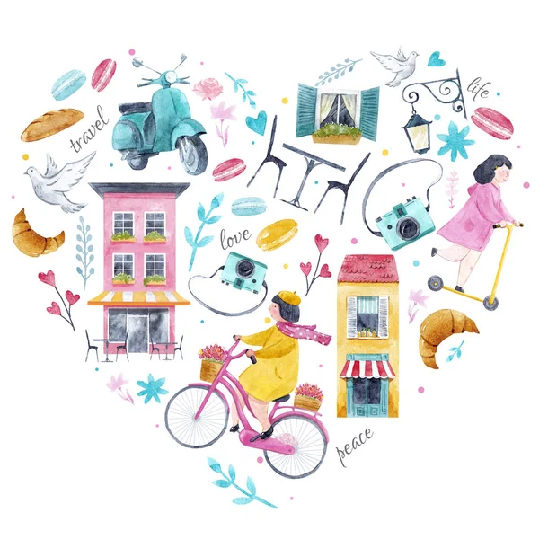 Watercolor Paris heart — Stock Photo, Image