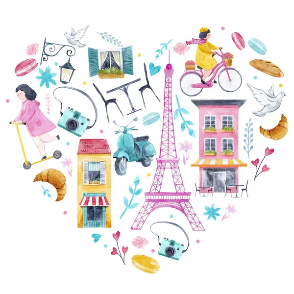 Watercolor Paris heart — Stock Photo, Image