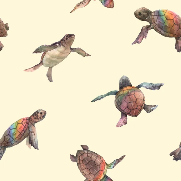 Watercolor rainbow small baby turtles colourful seamless pattern — Stock Photo, Image