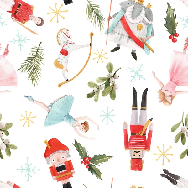 Vetor aquarela Natal inverno quebra-nozes conto de fadas balé padrão sem costura —  Vetores de Stock