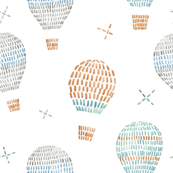 Aquarel naadloos patroon met luchtballonnen, lucht, wolken, sterren, in schattige baby steek borduurstijl. Kant-en-klare print voor wallpapers in kinderkamer. — Stockfoto