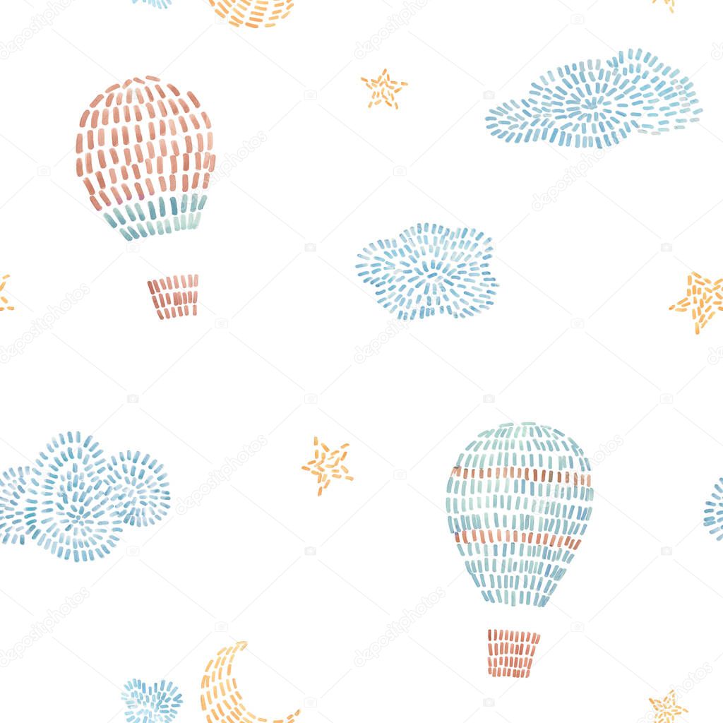 Watercolor seamless pattern with air baloons, sky, clouds, stars, in cute baby stitch embroidery style. Ready print for wallpapers in childroom.