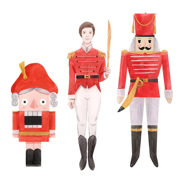 Acuarela cascanueces ballet navidad año nuevo cuento de hadas personajes soldados aislados ilustraciones conjunto —  Fotos de Stock