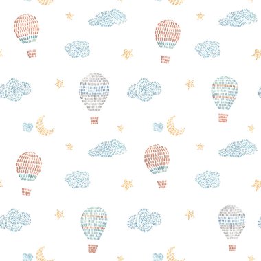 Hava balonları, gökyüzü, bulutlar, yıldızlar ile suluboya vektörsüz desen, şirin bebek işlemesi tarzında. Çocuk odasında duvar kağıtları için yazdırmaya hazır ol.