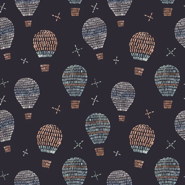 Watercolor vector seamless pattern with air baloons, sky, clouds, stars, in cute baby stitch embroidery style. Ready print for wallpapers in childroom. — ストックベクタ