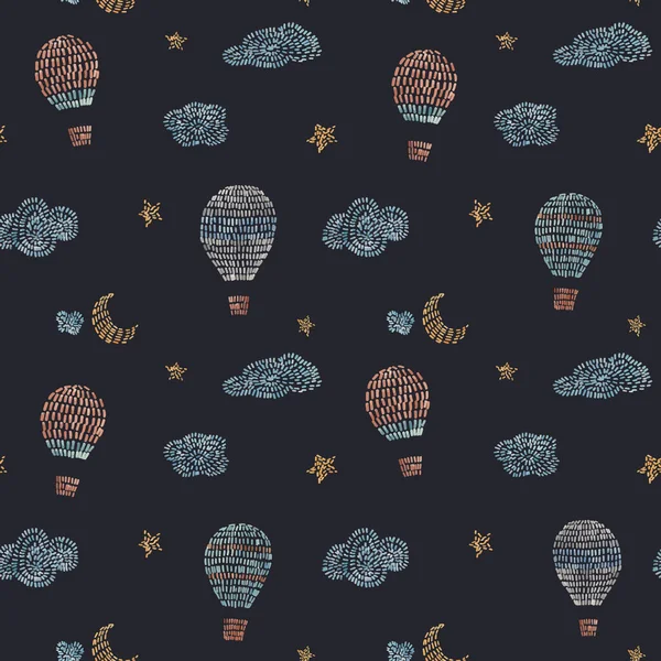 Aquarel vector naadloos patroon met luchtballonnen, lucht, wolken, sterren, in schattige baby steek borduurstijl. Kant-en-klare print voor wallpapers in kinderkamer. — Stockvector