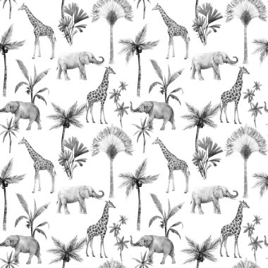 Safari hayvanları ve palmiye ağaçlarıyla suluboya desenler. Fil zürafası..