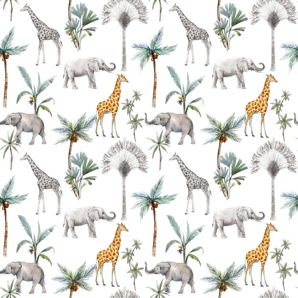 Watercolor seamless patterns with safari animals and palm trees. Elephant giraffe. — Stock Photo, Image