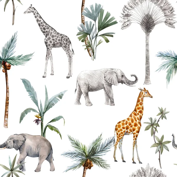 水彩画图案无缝，有狩猎动物和棕榈树。 大象长颈鹿. — 图库照片