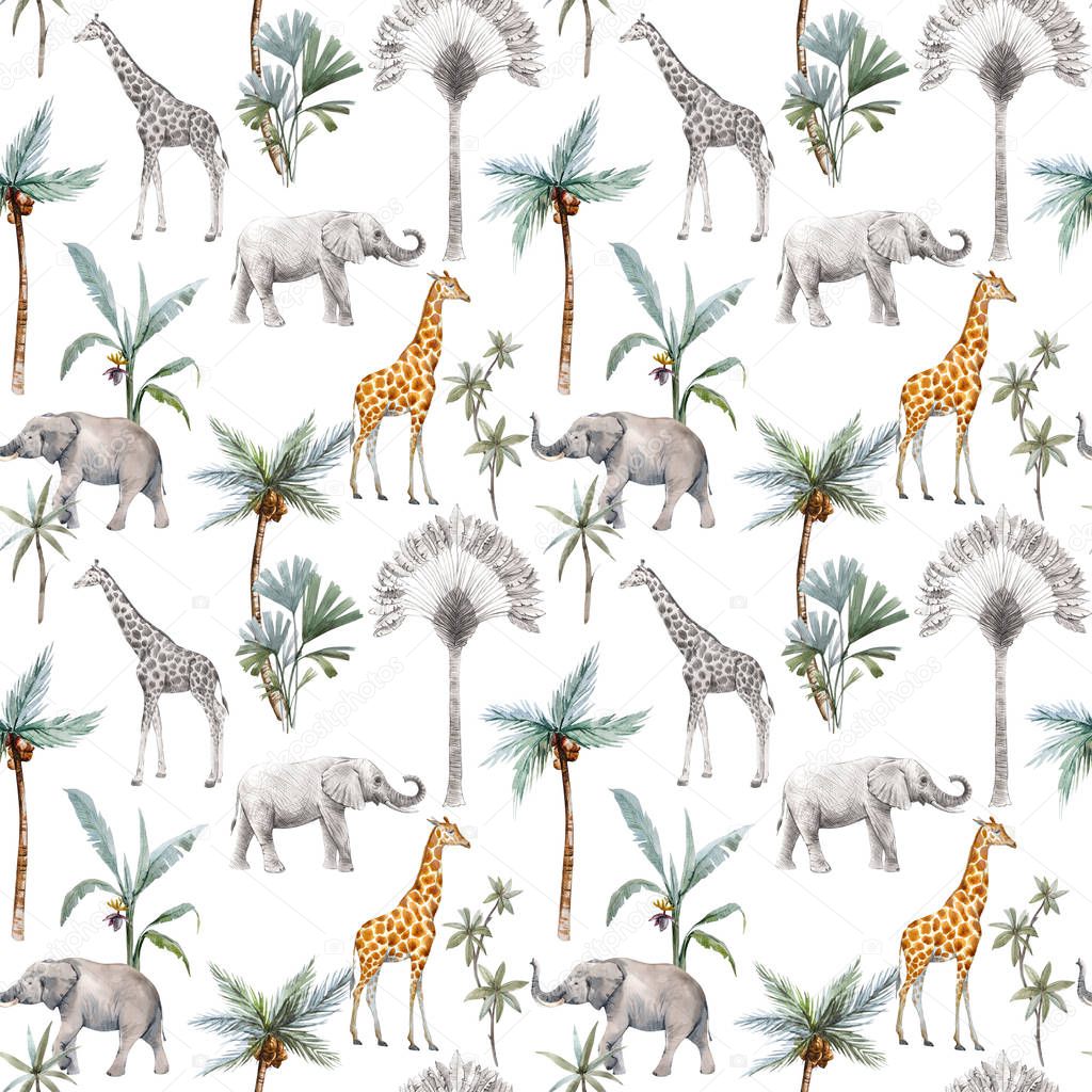 Watercolor seamless patterns with safari animals and palm trees. Elephant giraffe.