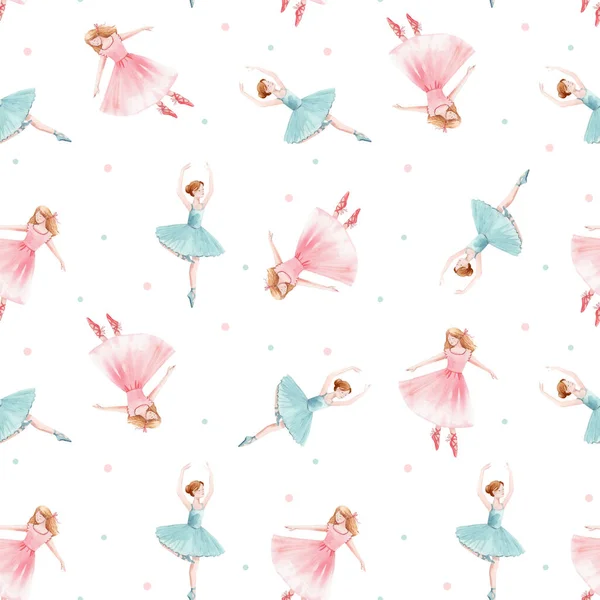 Υδατογραφία αδιάλειπτη μοτίβο με χαριτωμένο χορό κορίτσια μπαλέτο καρυοθραύστης μπαλαρίνα κλιπ τέχνης απομονωμένες εικόνες — Φωτογραφία Αρχείου