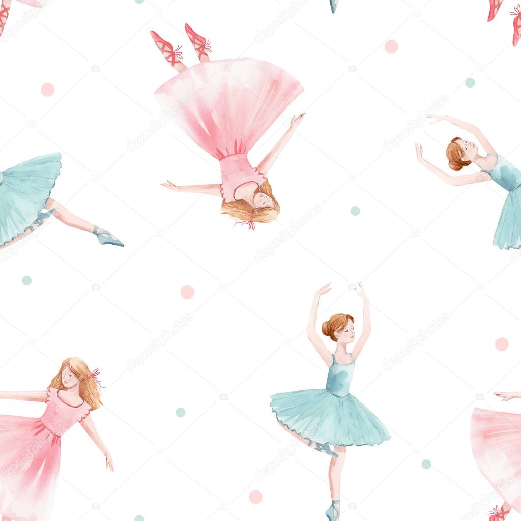Watercolor seamless pattern with cute dancing girls ballet nutcracker ballerina clip art isolated illustrations