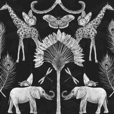 Güzel Afrika safari hayvanları, tropikal, kusursuz desenler. Moda tarzı. Filler ve zürafalarla yazdır. Koyu arkaplan,
