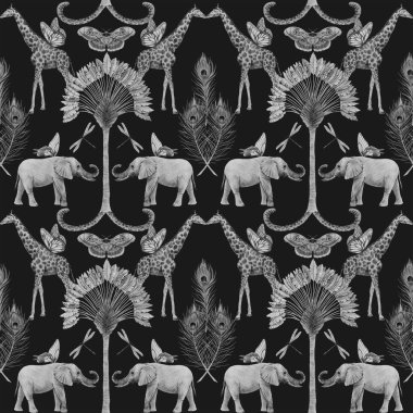 Güzel Afrika safari hayvanları, tropikal, kusursuz desenler. Moda tarzı. Filler ve zürafalarla yazdır. Koyu arkaplan,