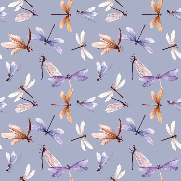 Akvarell sommar trollslända insekt färgglada sömlös mönster — Stockfoto