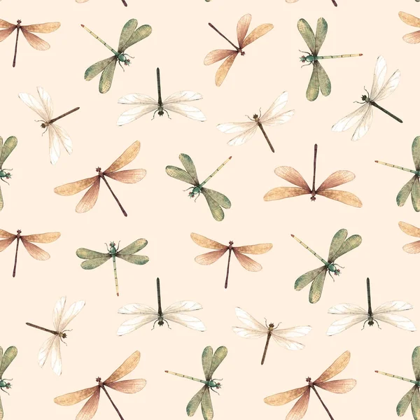 Watercolor summer dragonfly insect colourful seamless pattern — Stock Photo, Image