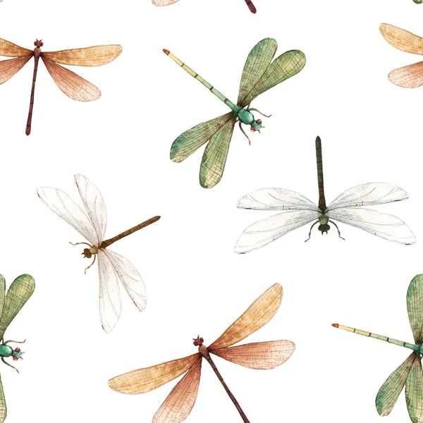 Watercolor summer dragonfly insect colourful seamless pattern — Stock Photo, Image