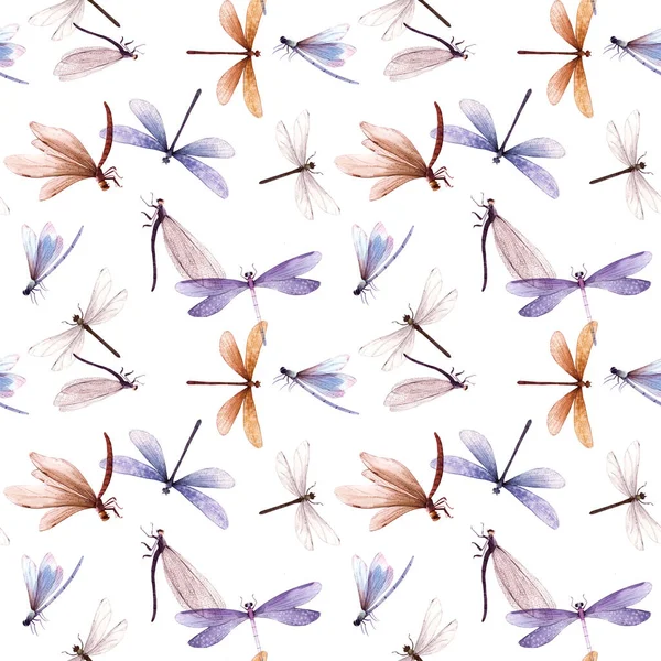 水彩画夏天蜻蜓昆虫五彩斑斓的无缝图案 — 图库照片