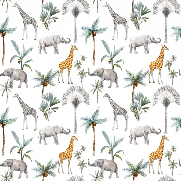 Akvarel vektor bezešvé vzory se safari zvířata a palmy. Sloní žirafa. — Stockový vektor