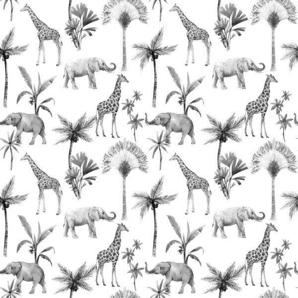 Aquarel vector naadloze patronen met safari dieren en palmbomen. Olifantengiraf. — Stockvector