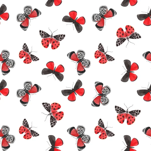 Gyönyörű vektor akvarell piros pillangó zökkenőmentes minta. Színes rovarok. Kézzel rajzolt műalkotás. Kész tapéta vagy nyomtatás. Fehér háttér. A természet szépsége. — Stock Vector
