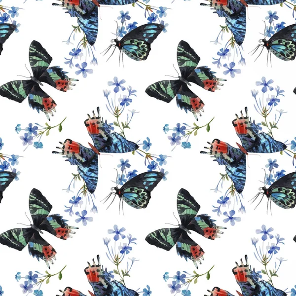 Hermoso vector acuarela coloridas mariposas con suaves flores de campo azul patrón sin costuras. Obra dibujada a mano. Fondo de pantalla listo o imprimir. Fondo blanco . — Vector de stock