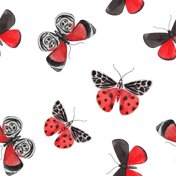 Bella vettoriale acquerello rosso farfalla modello senza soluzione di continuità. Insetti colorati. Opere d'arte disegnate a mano. Carta da parati pronta o stampa. Sfondo bianco. Bellezza della natura . — Vettoriale Stock