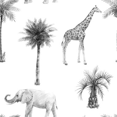 Safari hayvanları ve palmiye ağaçları ile suluboya vektörler kusursuz desenler. Fil zürafası..