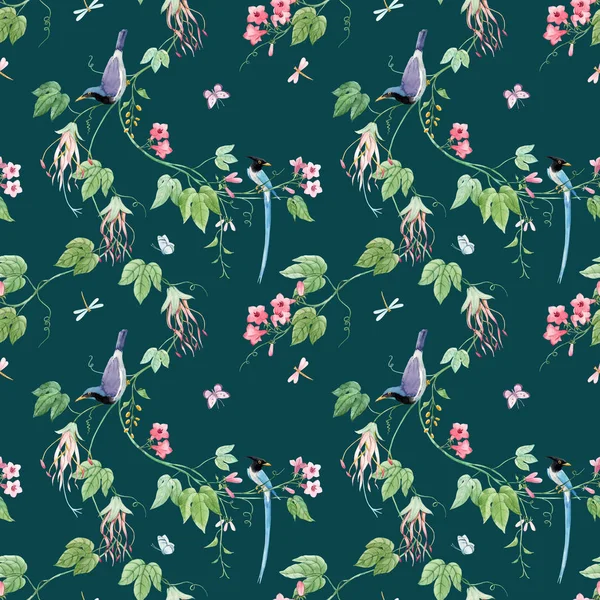 楽園とピンクの繊細な花の青い鳥と水彩の花のパターン。緑の背景。ストックイラスト. — ストック写真