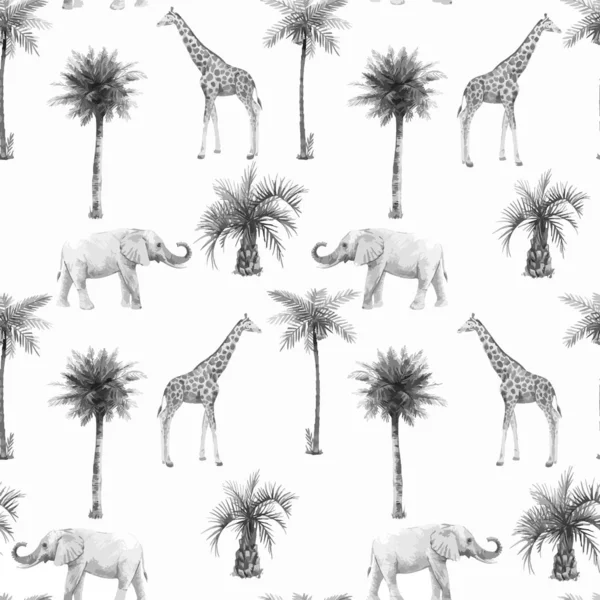 Motifs sans couture vectoriels aquarelle avec des animaux safari et des palmiers. Girafe d'éléphant . — Image vectorielle