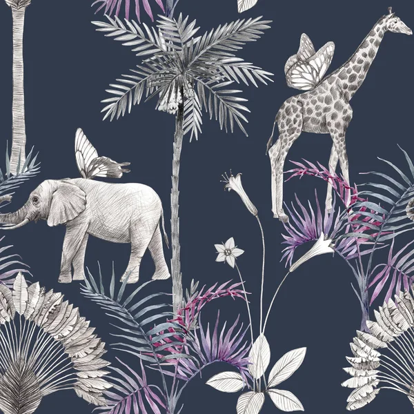 Beautiful african safari animal tropical seamless pattern. Trendy style. Print with elephants and giraffe. Dark background, — Stock Photo, Image