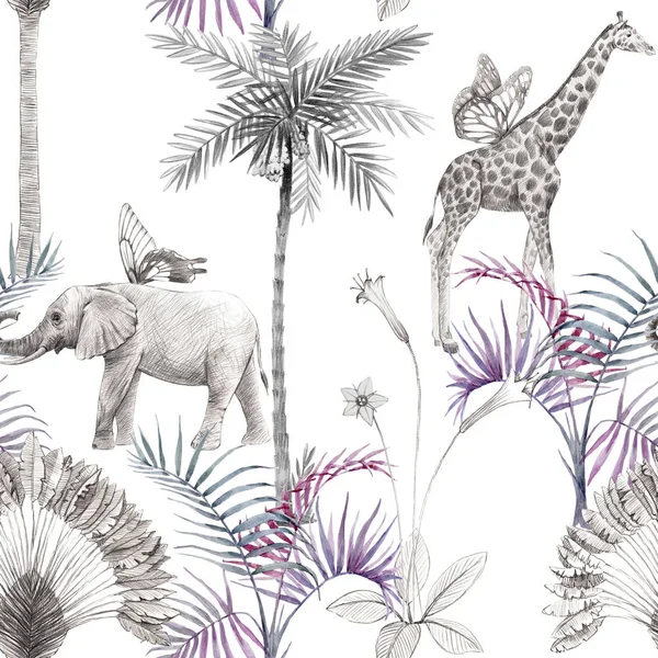 Hermoso safari africano animal patrón inconsútil tropical. Estilo de moda. Impresión con elefantes y jirafa. Fondo blanco . — Foto de Stock