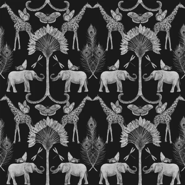 Belo vetor safári africano animal padrão tropical sem costura. Estilo moderno. Imprima com elefantes e girafa. Fundo escuro , —  Vetores de Stock